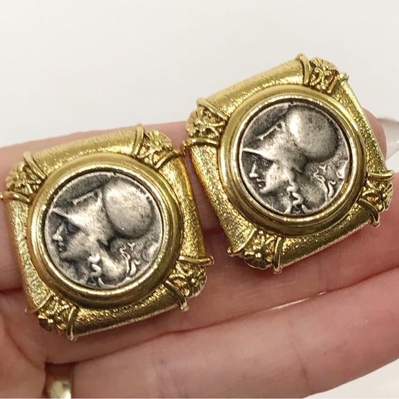 1928 Ancient Coins Framed Roman Greek Mixed Metal Gold Silver Clip On Earrings - Picture 3 of 13